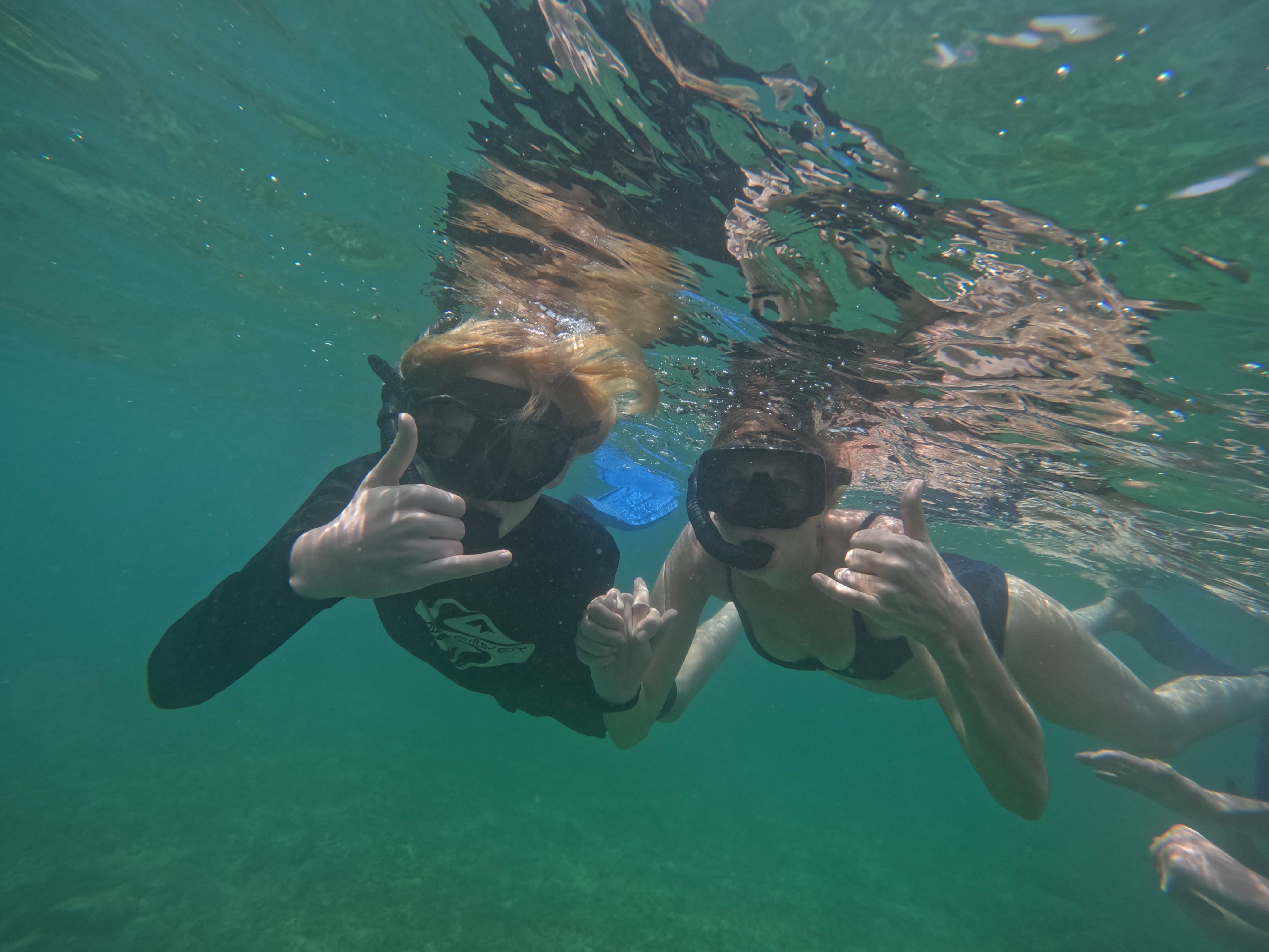 Snorkelers Shaka Sign Underwater