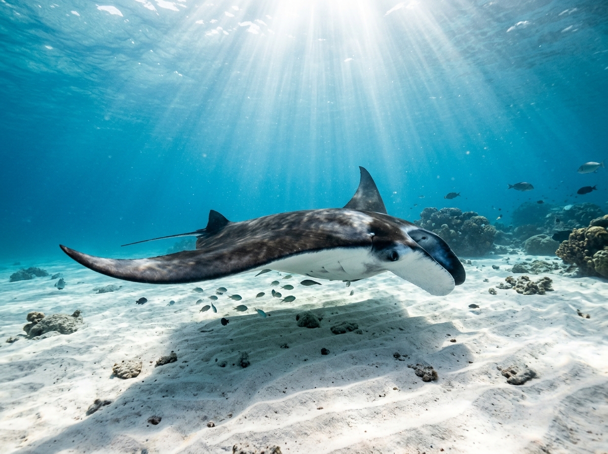 Stingray gliding over sandy ocean bed in Mirissa