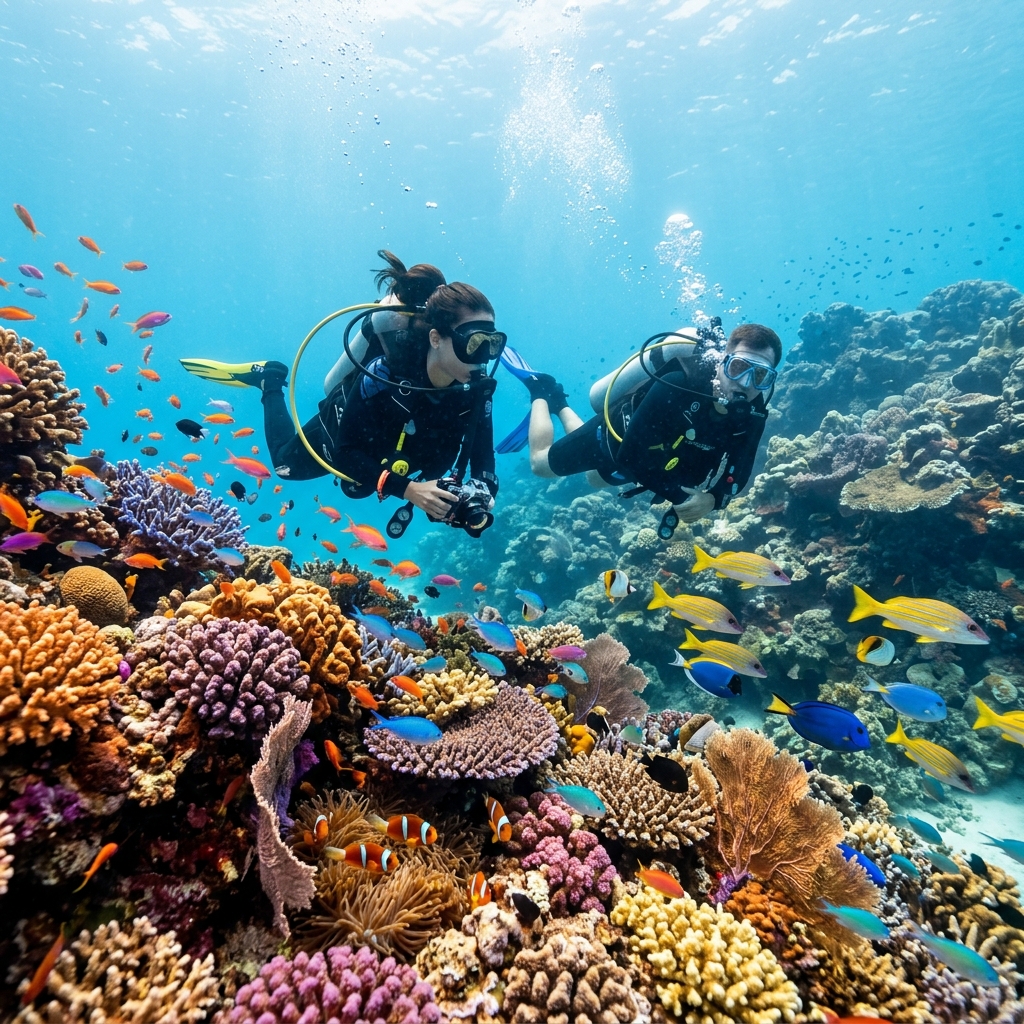PADI certified dive instructor guiding guests underwater in Mirissa